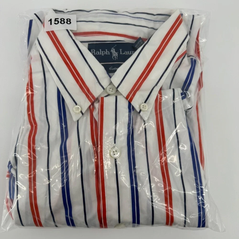 Ralph Lauren Mens Custom Fit Striped Button Down Shirt White Red Blue Large